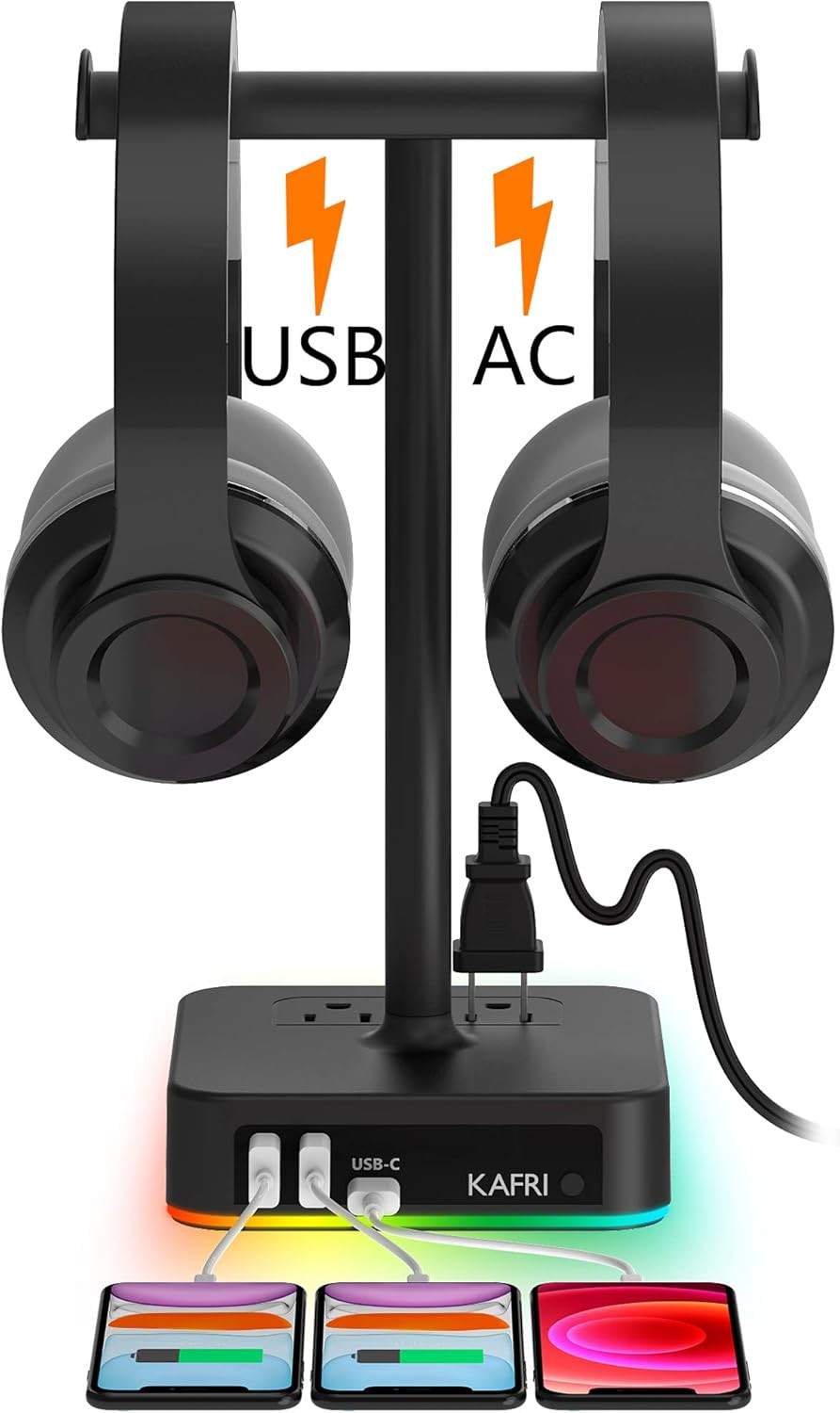 KAFRI RGB Dual Headphone Stand with USB C Charger Desk Gaming Double Headset Hol