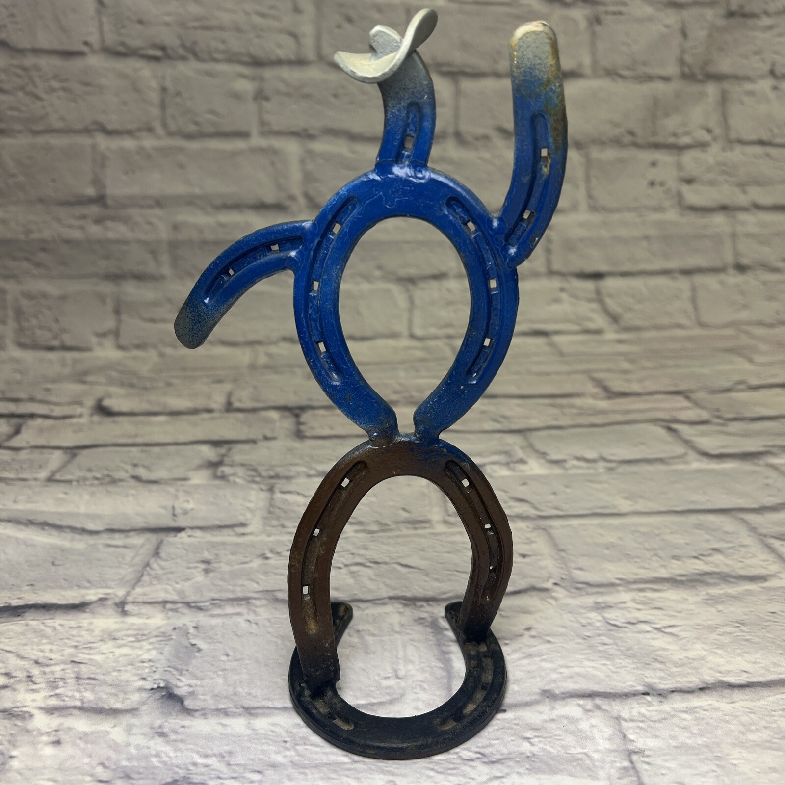 Horseshoe Cowboy Sculpture Western Art Pony Rodeo Iron Metal Folk Figurine USA