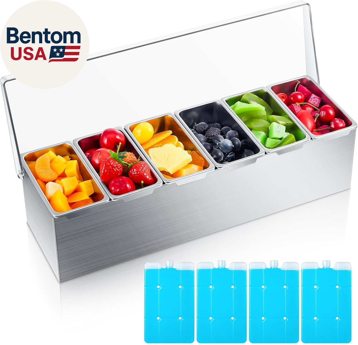 6 Slot Yakumi Pan Stainless Steel Condiment Tray Garnish Tray with 4 Ice Boxes C