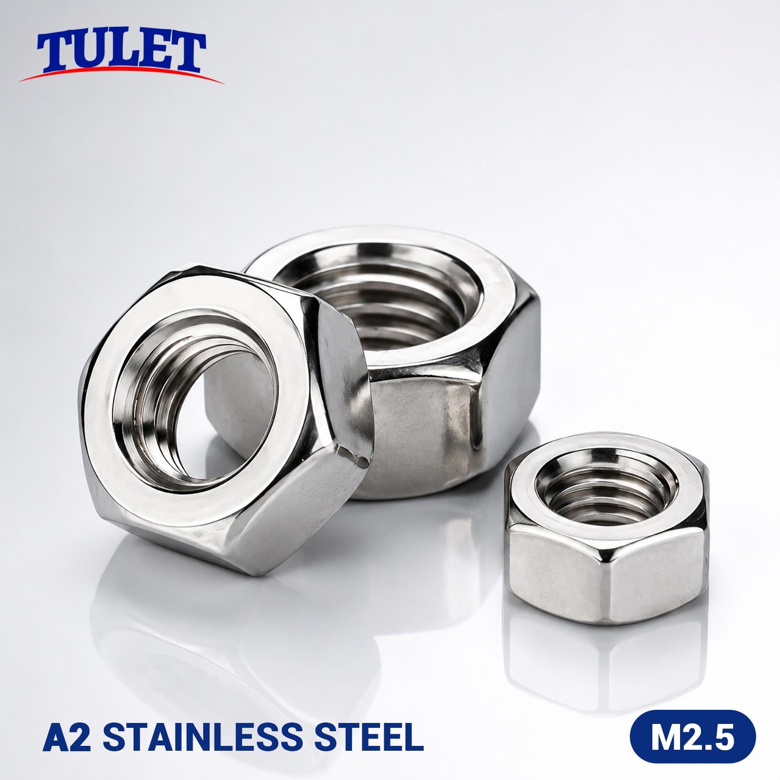 M2.5-0.45 Metric Hex Nuts, A2 / 18-8 Stainless Steel DIN 934