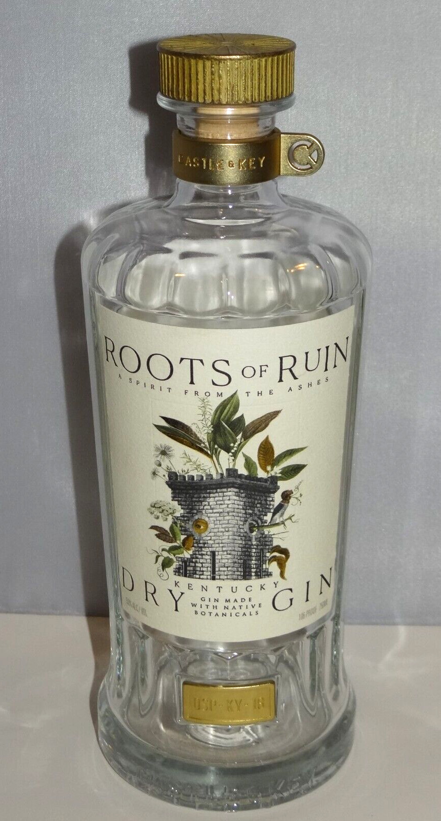 Gin Bottle Empty Castle & Key Roots of Ruin with Cap Stopper Kentucky USA