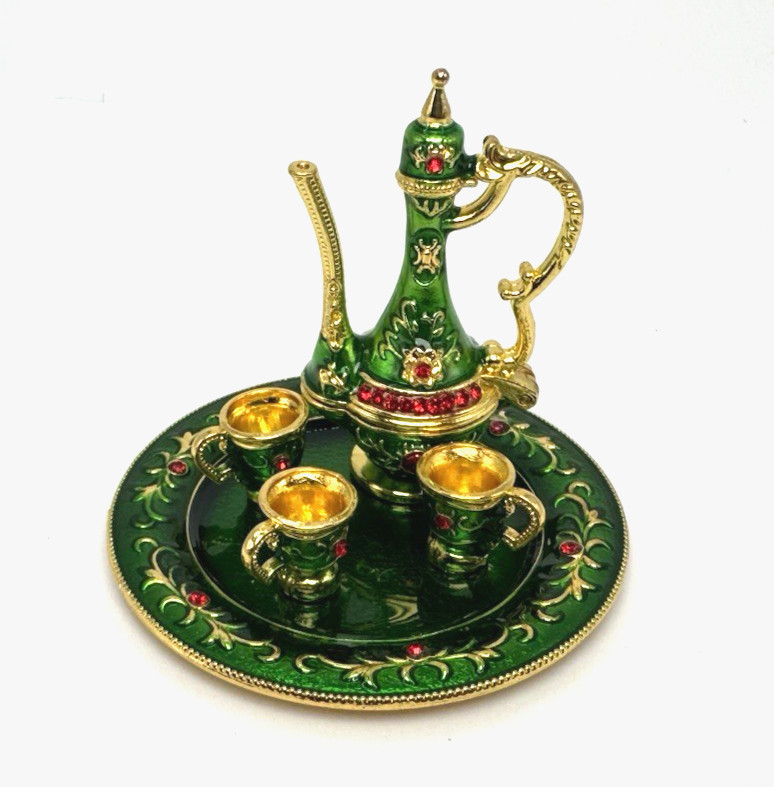 Goldtone Magntc Persian Style Teapot Hinged Trinket Box Green Enamel Red Jewels