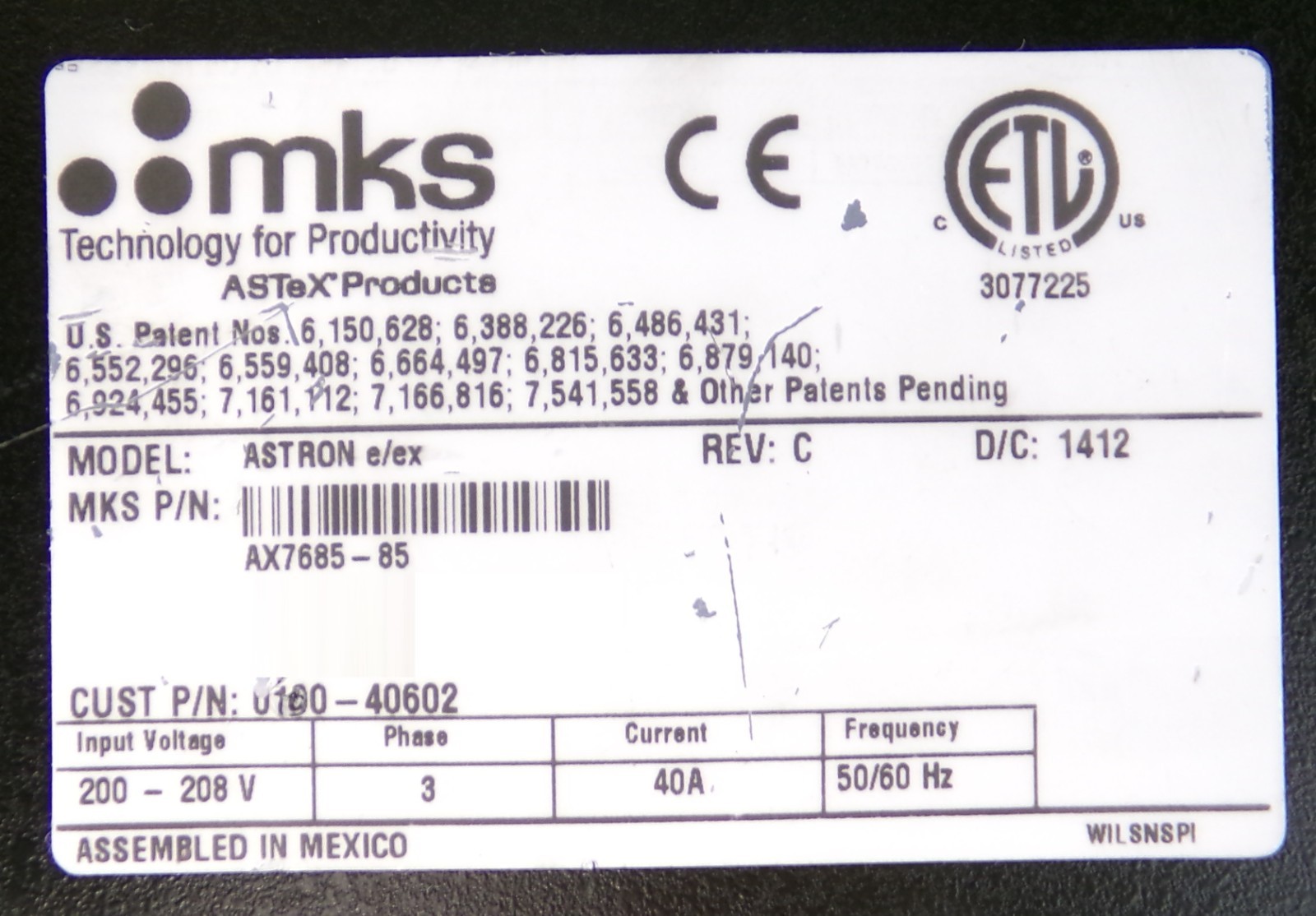 ASTRON e/ex MKS Instruments AX7685-85 RPS Plasma Source ASTeX w/Cooling Working