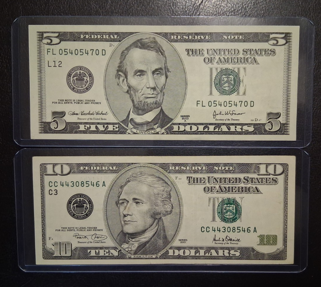 US TEN and FIVE DOLLARS 2001-2003 VF/AU
