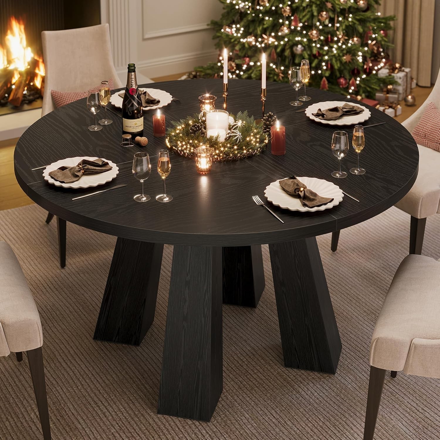 47" Round Dining Table 4-6 Wood Kitchen Table W/ Sturdy Base Farmhouse Circle