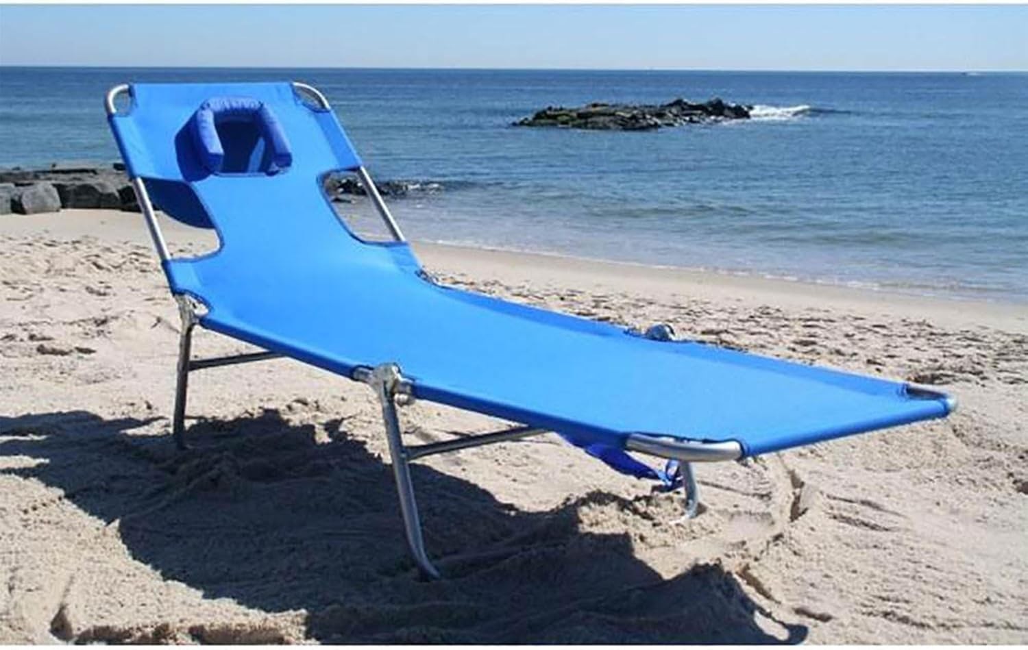 Folding Beach Lounge Chair Polyester Reclining Outdoor Chaise with Pillows