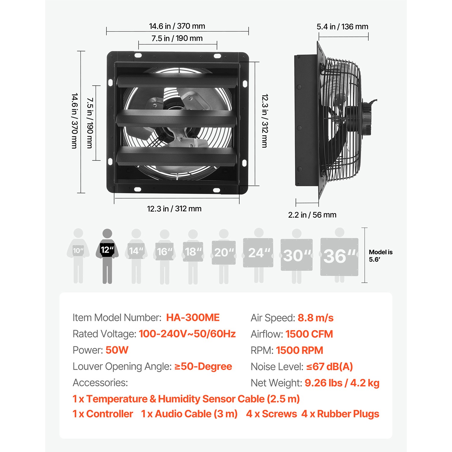 Uimoso 12-inch Wall-Mount Shutter Exhaust Fan with Smart Controller
