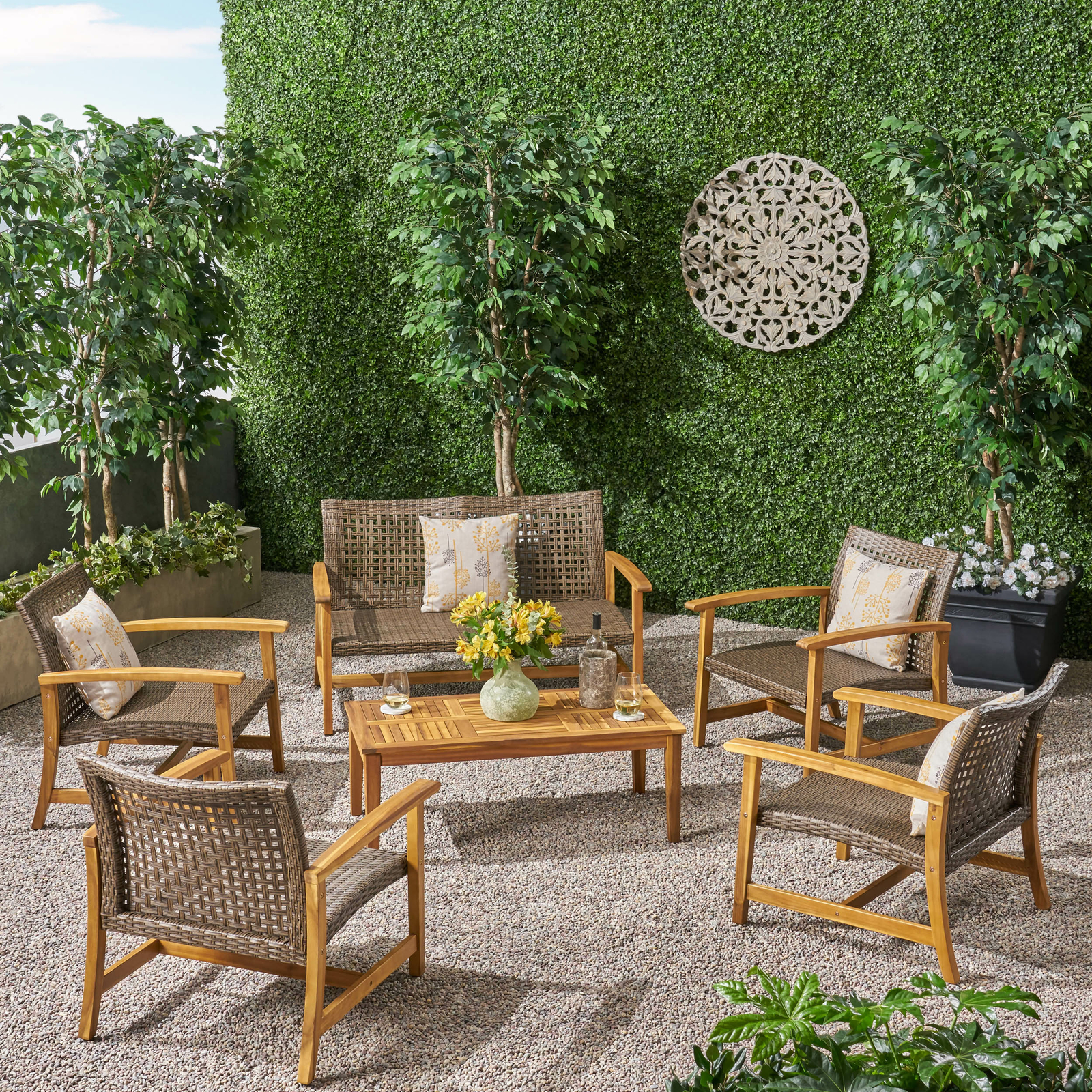 Avery Outdoor 6 Piece Wood and Wicker Chat Set