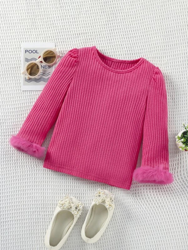 Ribbed Knit Fuzzy Cuff Tee