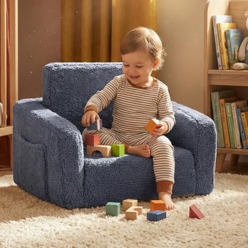 Toddler Baby Chair Couch Sofa Kids Foldable 2-in-1 Sherpa Fold Out Couch Grey