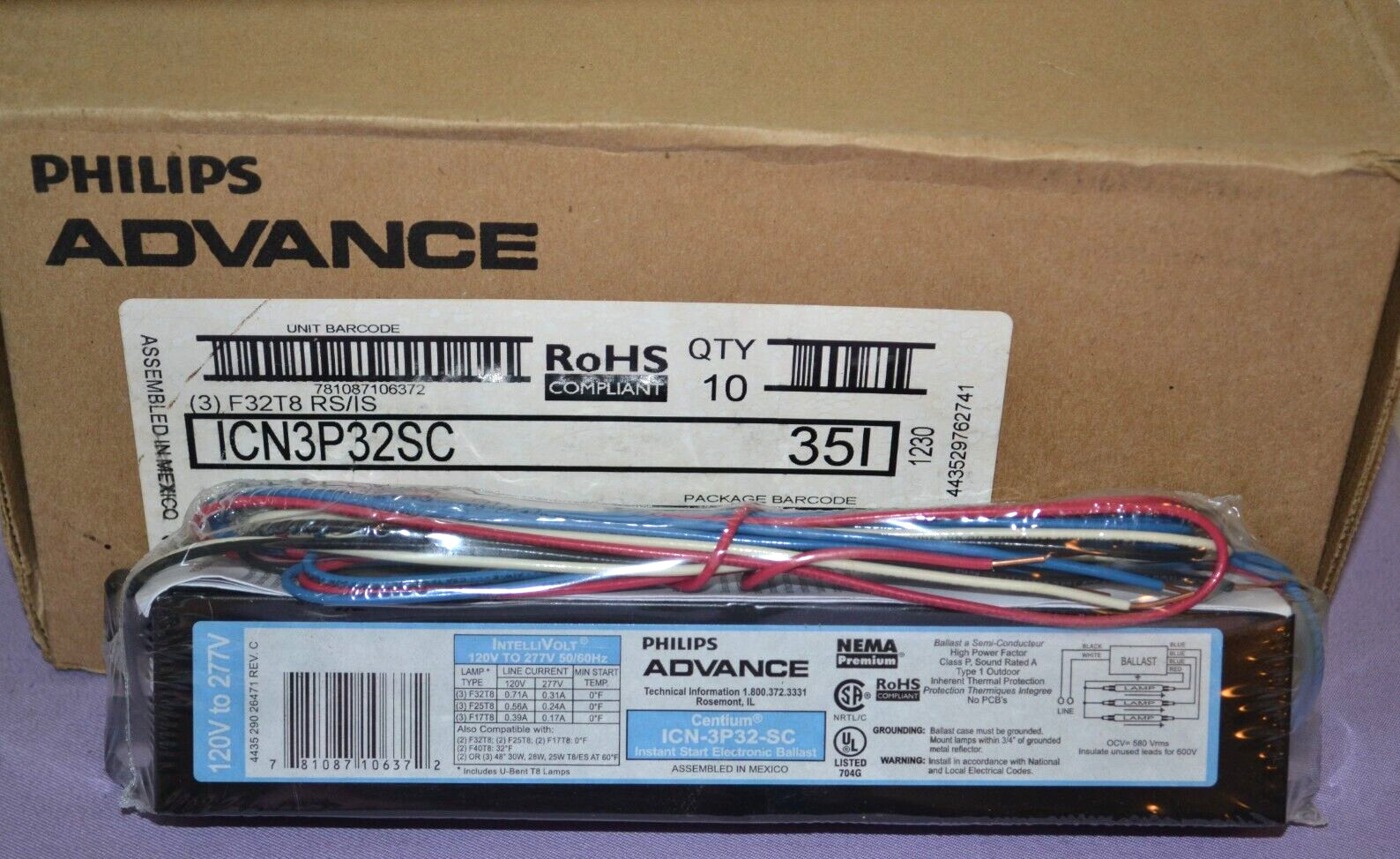 Lot 10 Philips Advance Centrium ICN-3P32-SC Instant Start Ballast 120/277V---New