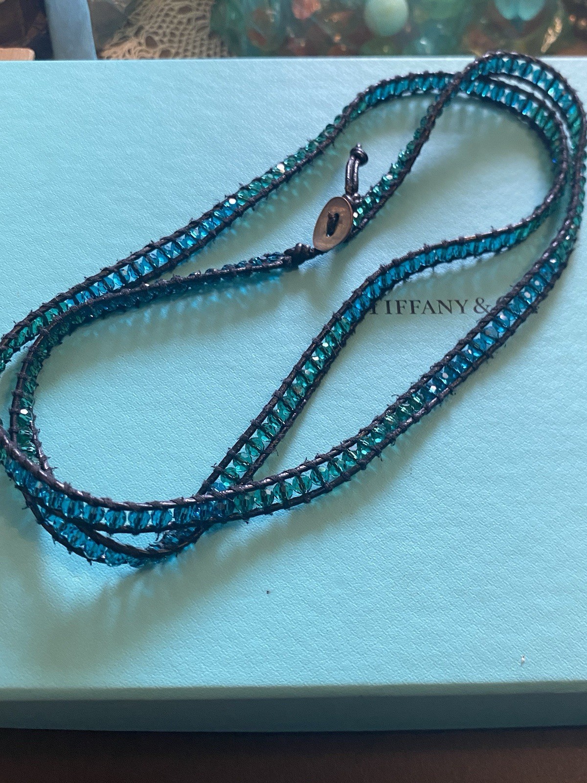Cord Blue Bead Necklace / Wrap Bracelet Vintage Blue Bead Turquoise Necklace