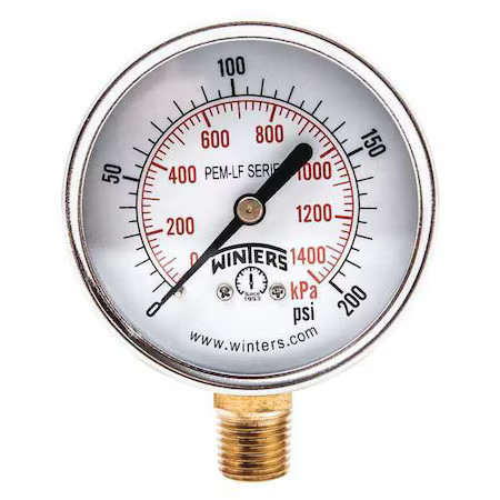 Winters Pem216lf Lead-Free Pressure Gauge, 0 To 200 Psi, 2 1/2 In Dial, 1/4 In