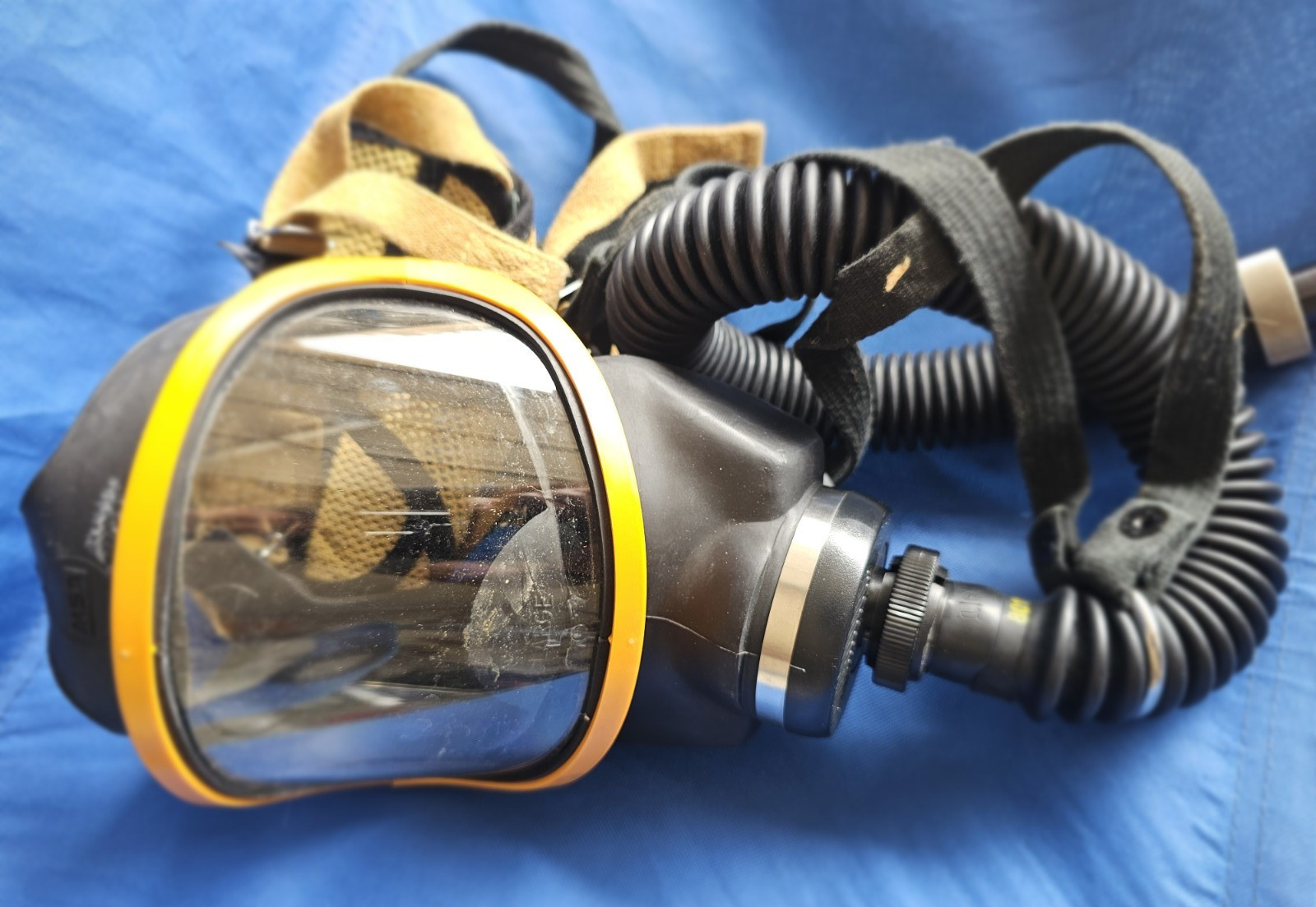 MSA Full Face Industrial Respirator Mask with Hose and Yellow Trim