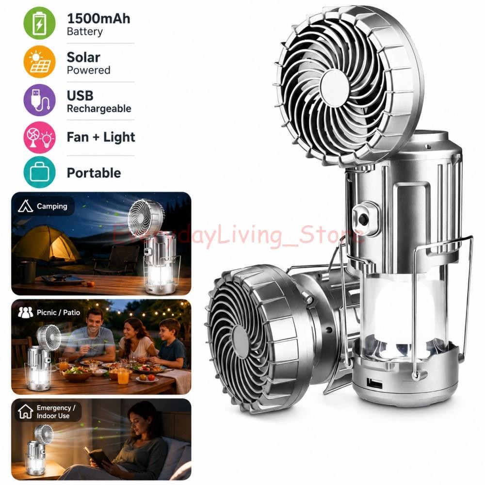 Solar Portable LED Camping Lantern with Fan USB Rechargeable Flashlight Lamp US