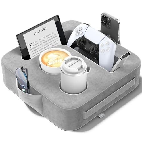 Couch Cup Holder Pillow, Sofa and Bed Caddy for iPad, Kindle, Small Ash Gray