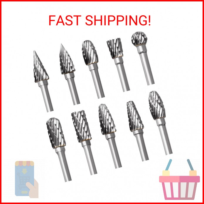 Tungsten Carbide Rotary Burr Set for Dremel, 10PCS Carbide Double Cut Carving Bu