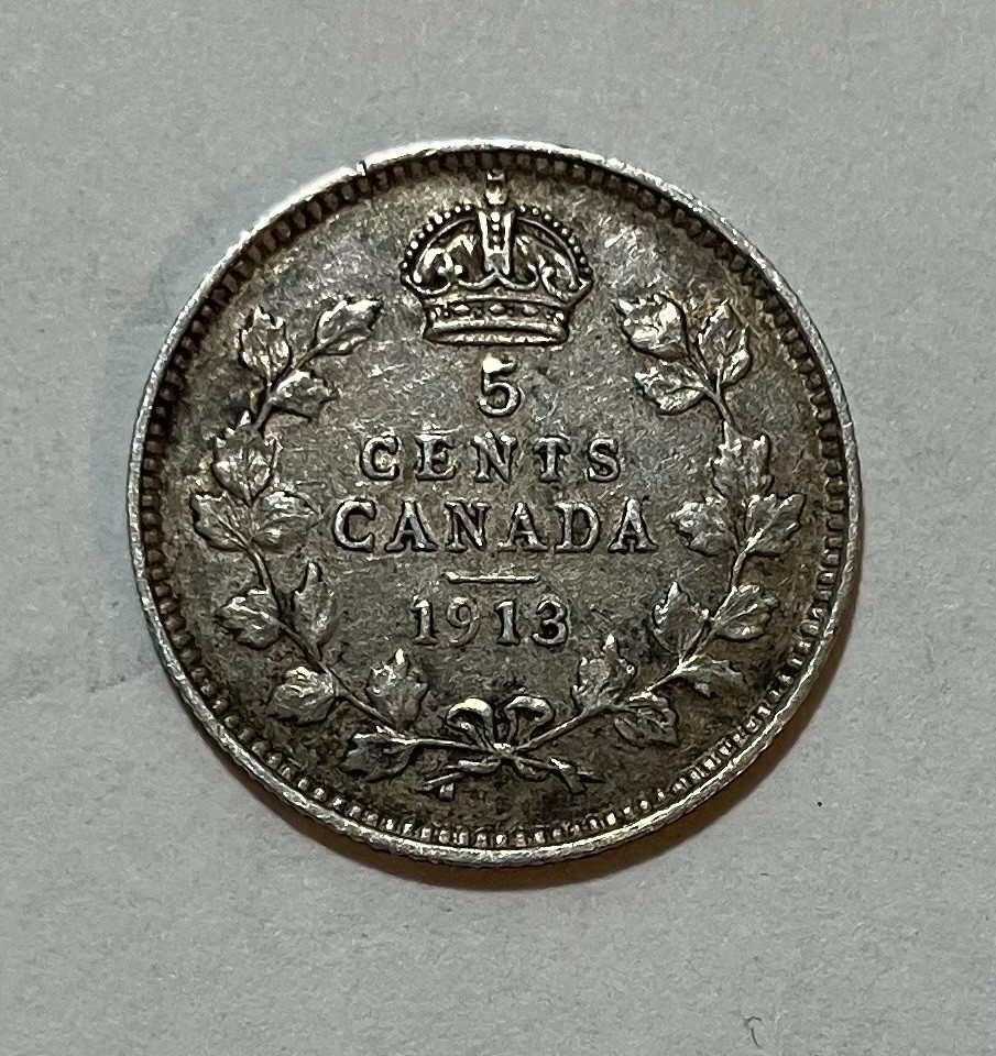 1913 Canada Silver 5 Cents