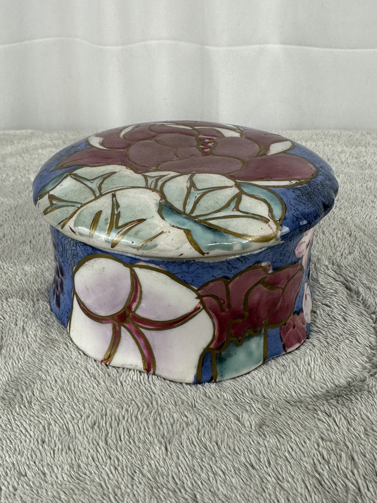 Ceramic Round Trinket Dish Multi Colored Floral w Lid