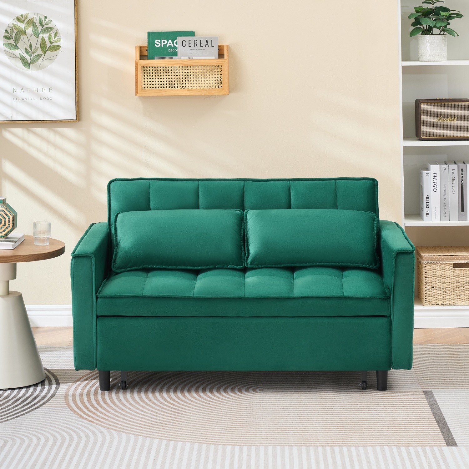 Modern Green Velvet Sofa 3 in 1 Convertible Folding Sleeper Sofa Bed w/ Pillow