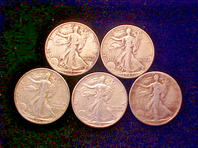 5 Coins 1/4 ROLL Walking Liberty 90% Silver Half Dollars  All WW2 DATES FREE S&H