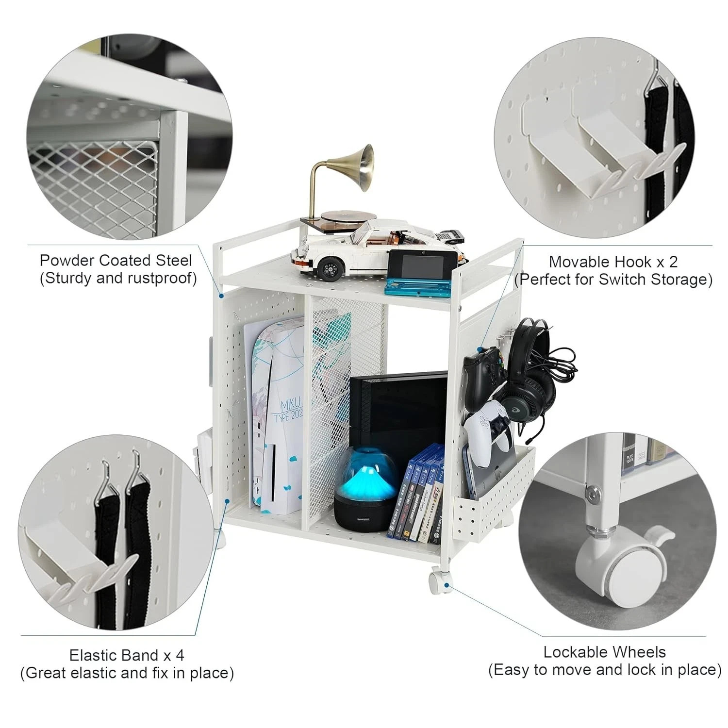 White Video Game Storage Rack for PS5 Xbox Console & Control Organizer Stand