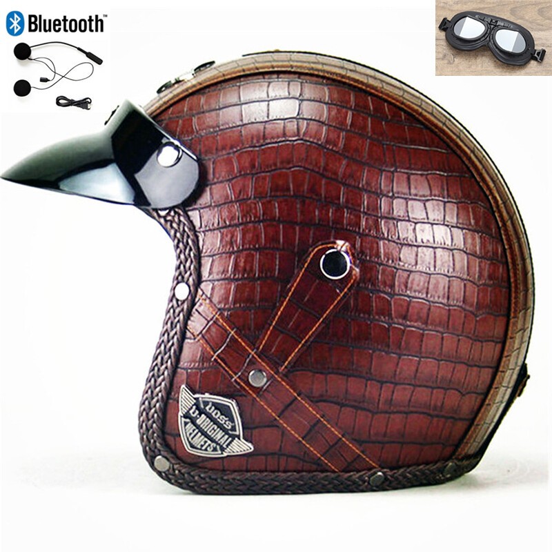 DOT 3/4 Face PU leather Motorcycle Helmet Bluetooth Scooter Helmets+Free Gloves