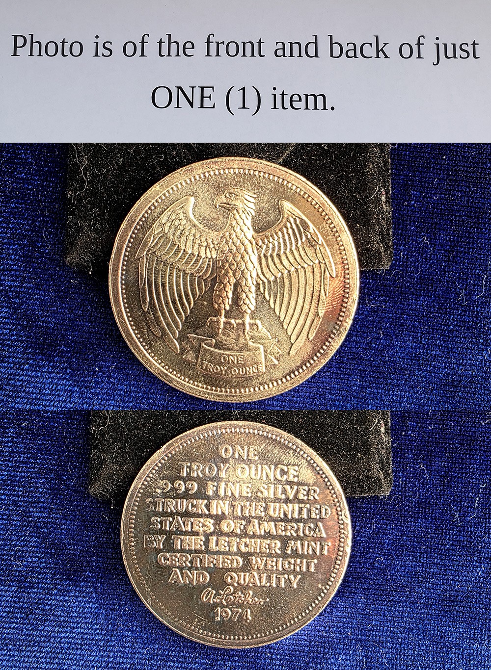 1974 Letcher Mint Eagle 1 Troy Oz .999 Fine Silver Round