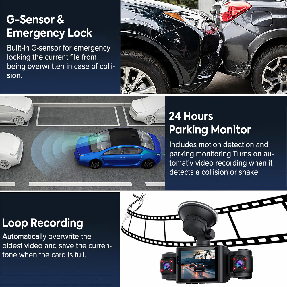 1080P Dash Cam Front and Inside Triple Dash Cam Video Recorder IR Night Vision