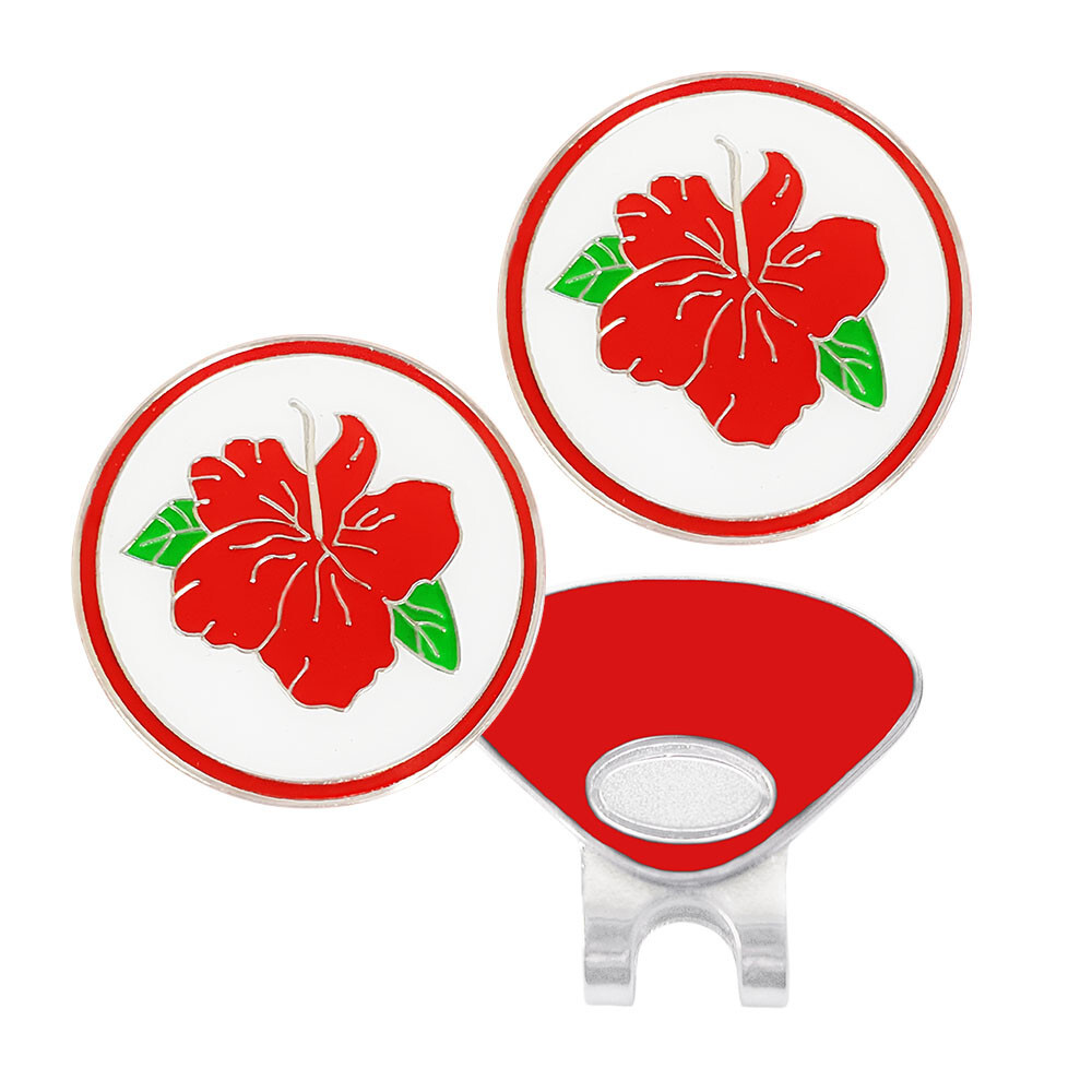 2 Red Hibiscus Golf Ball Markers With 1 Magnetic Hat Clip | Flower Golfing Gift
