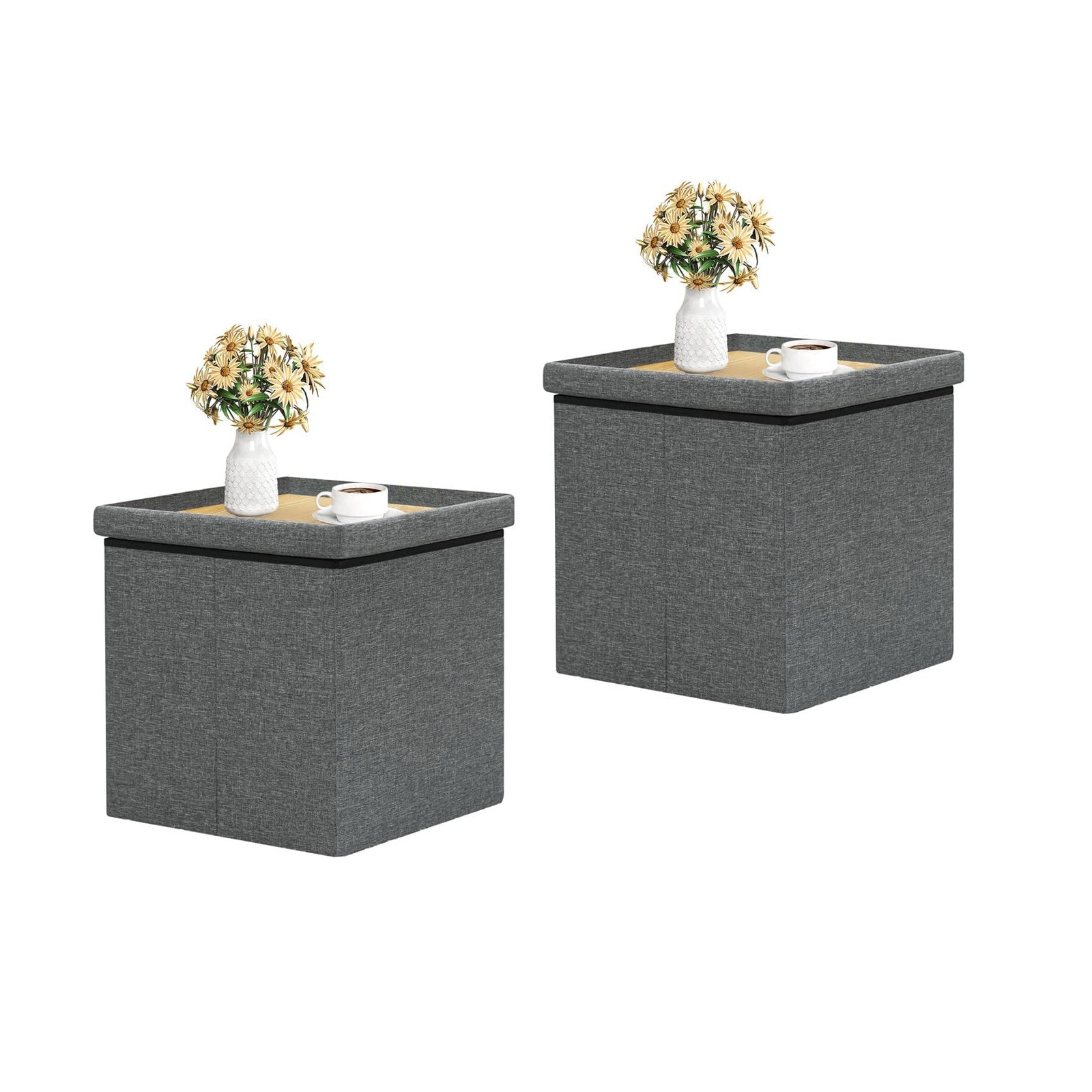 Storage Ottoman with Tray, Linen Small Coffee Table Folding Foot Rest Seat Cube,