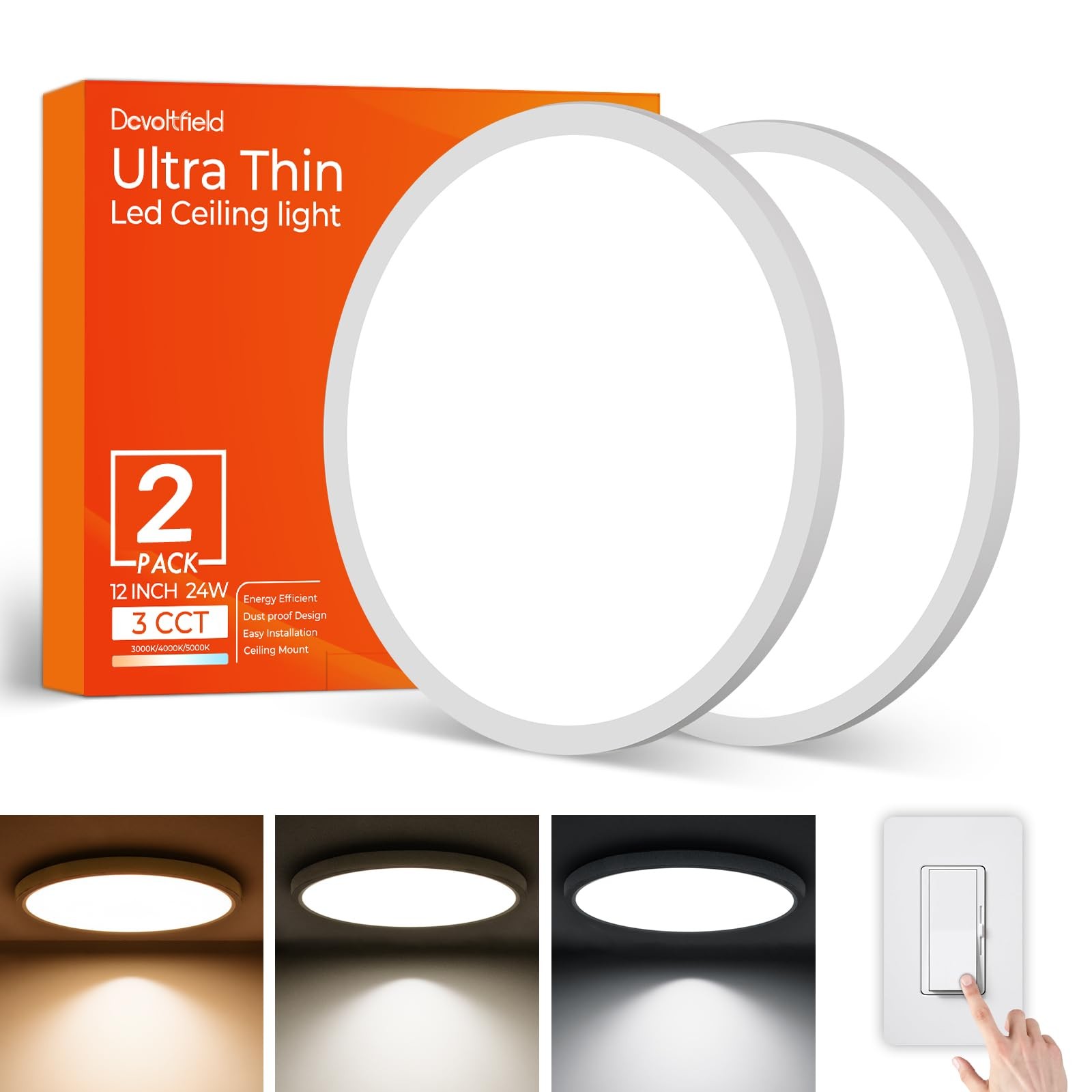 2 Pack 12 Inch Led Flush Mount Ceiling Light Fixture, 24 W 2640lm, Dimmable Cct
