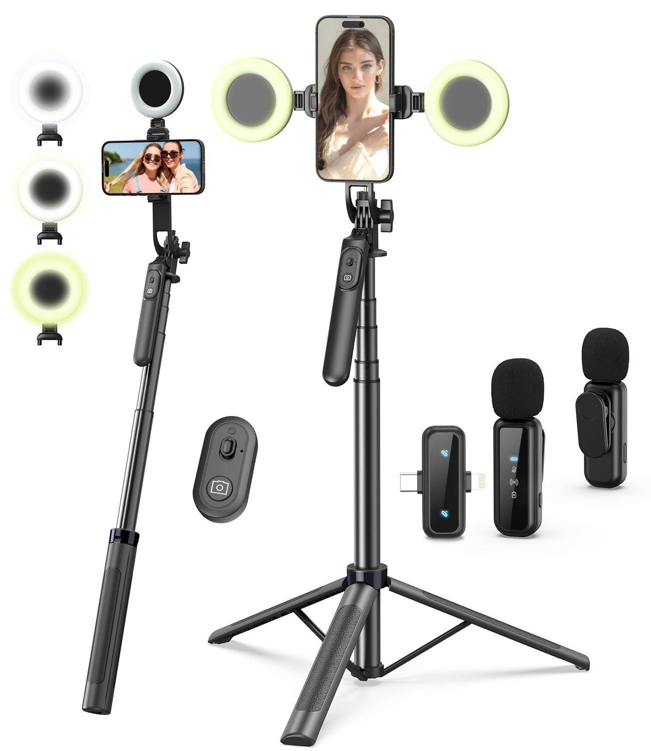 Vlogging Kit for iPhone/Android, Tripod with Large Ring Light & Mic, Black