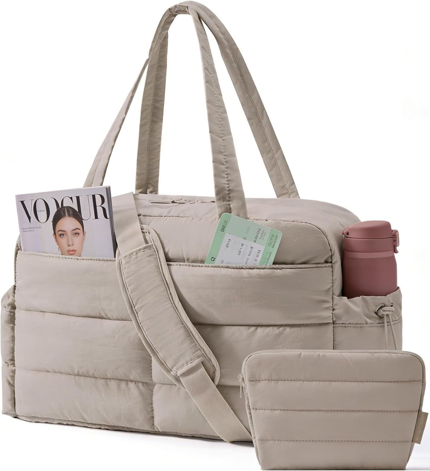 Gym Bag for Women, Lightweight Puffer Duffle Bag 2-PC Travel Bag, 31L Weekender
