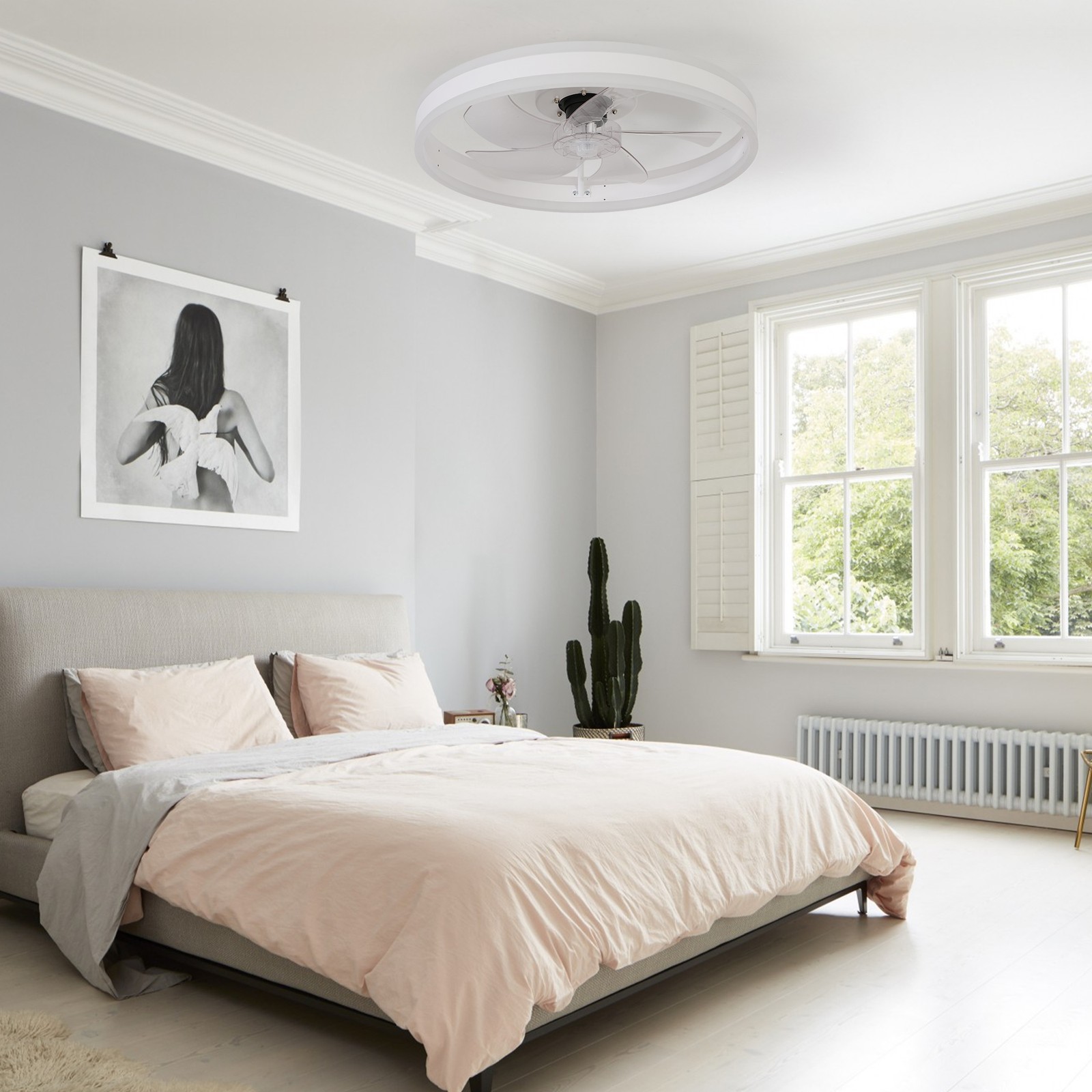 20" Flush Mount Ceiling Fan with Light and Remote, Dimmable LED, White