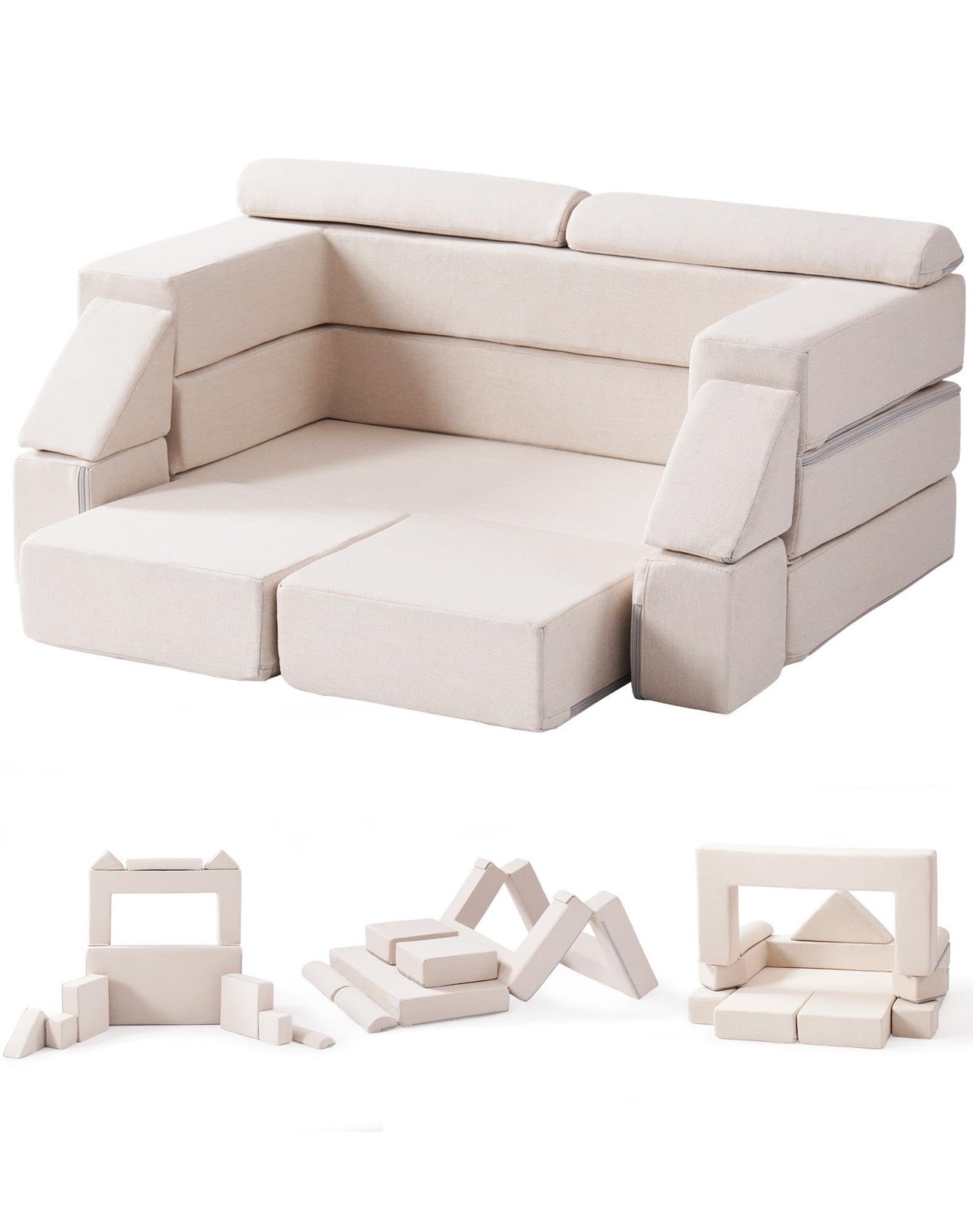 Couch, Beige Modular Play Couch, DIY-Style & Washable Sofa for Playroom, Bedr...