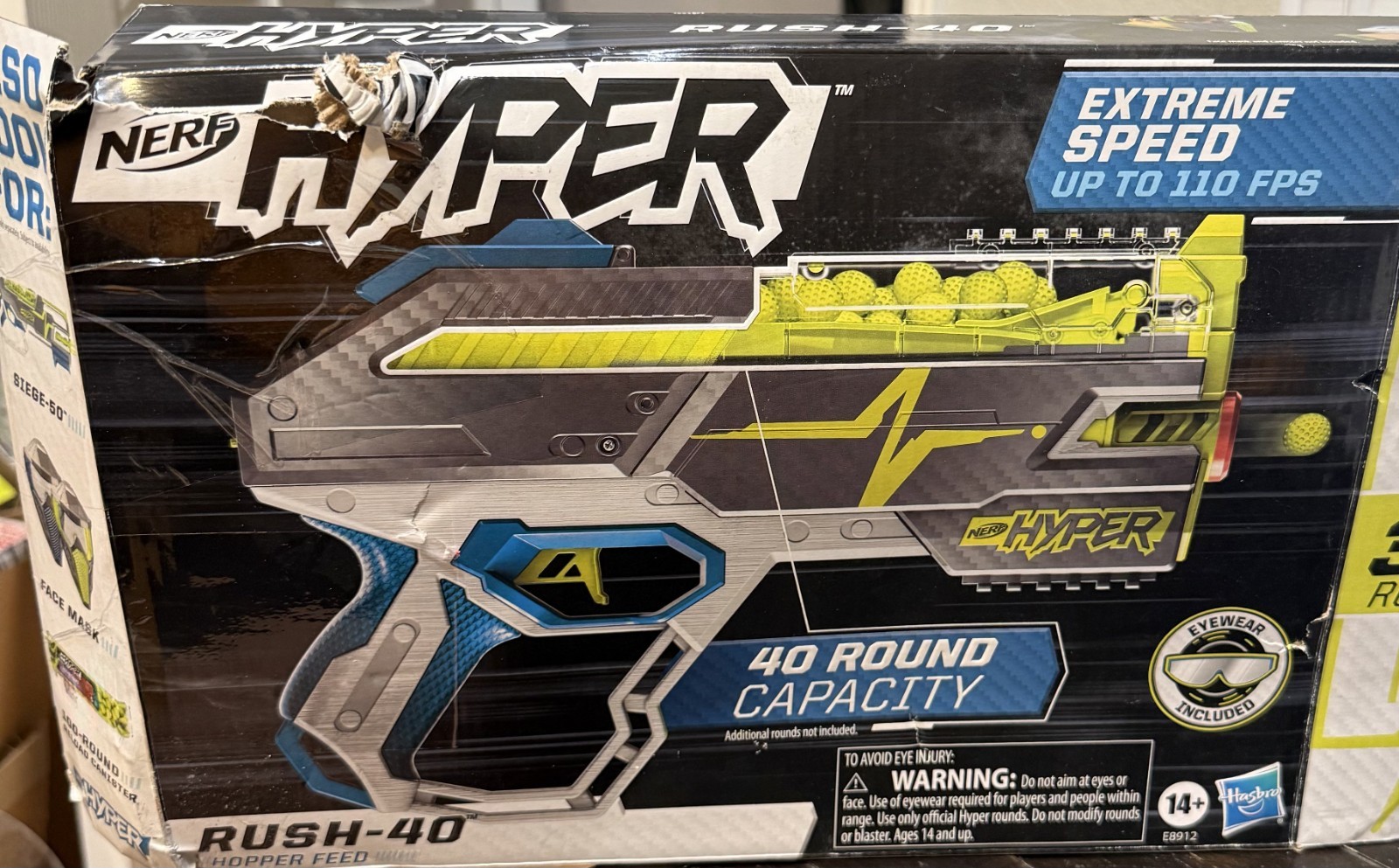 NERF Hyper Rush-40 Pump-Action Blaster With Eyewear Protection Hopper Feed