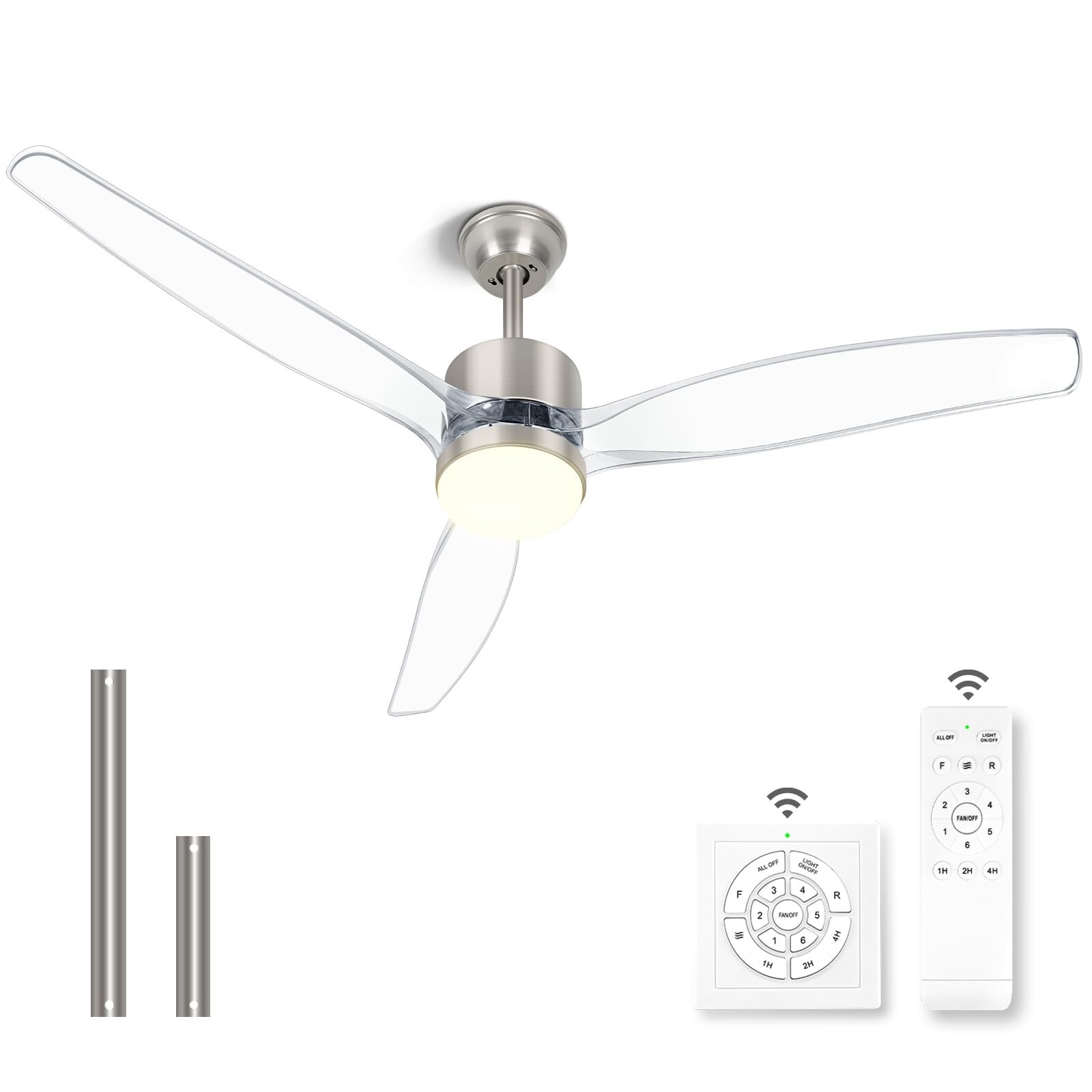 OKELI Clear Ceiling Fan with Light, 52 Inch Brushed Nickel Transparent Ceilin...