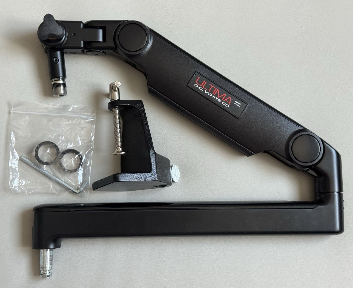 Ultima OC White Adjustable Microphone Boom Arm Desk Clamp Mount Black Metal