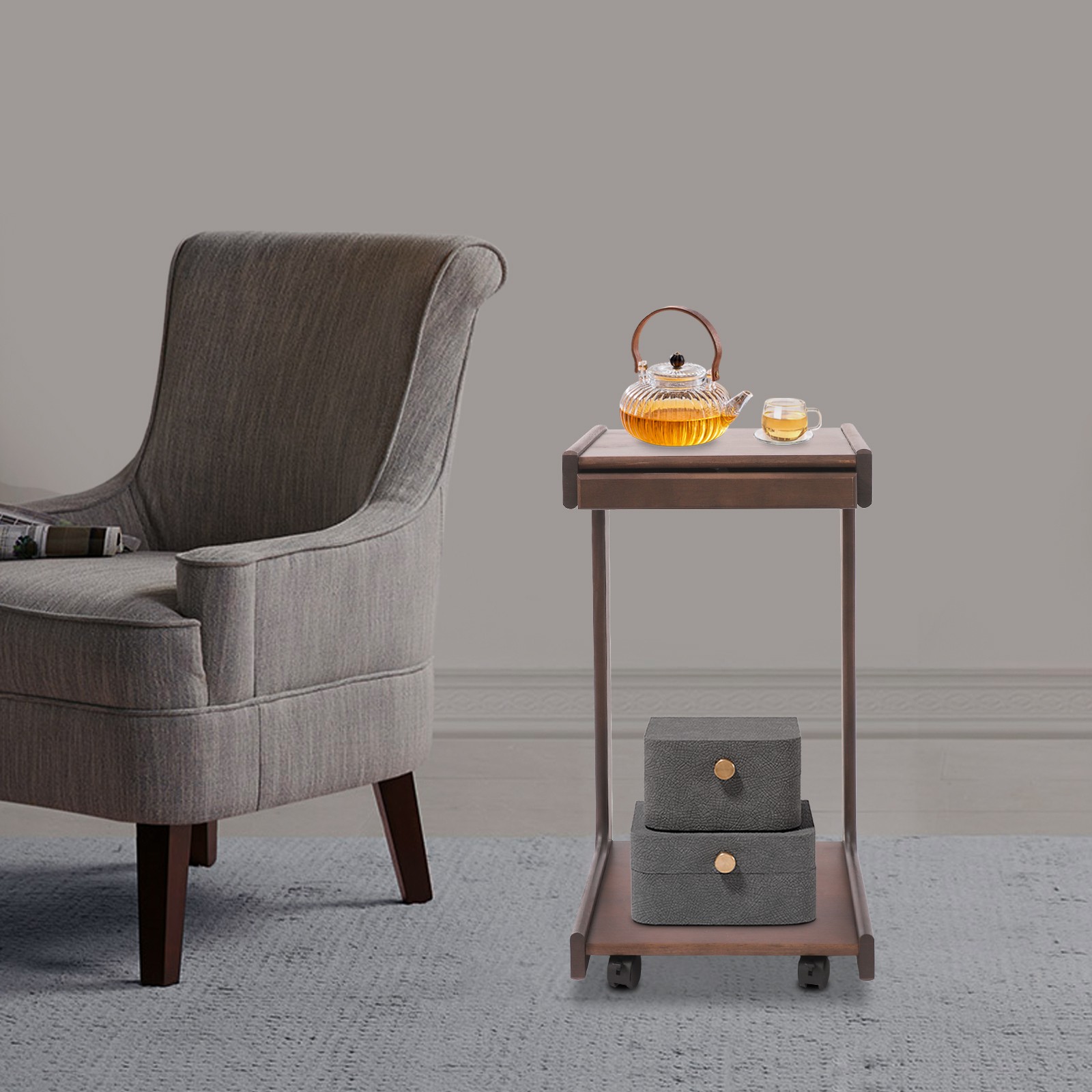 2-tierd Solid Wood Bedside C-shaped Side Table W/ Drawer & Lockable Wheels