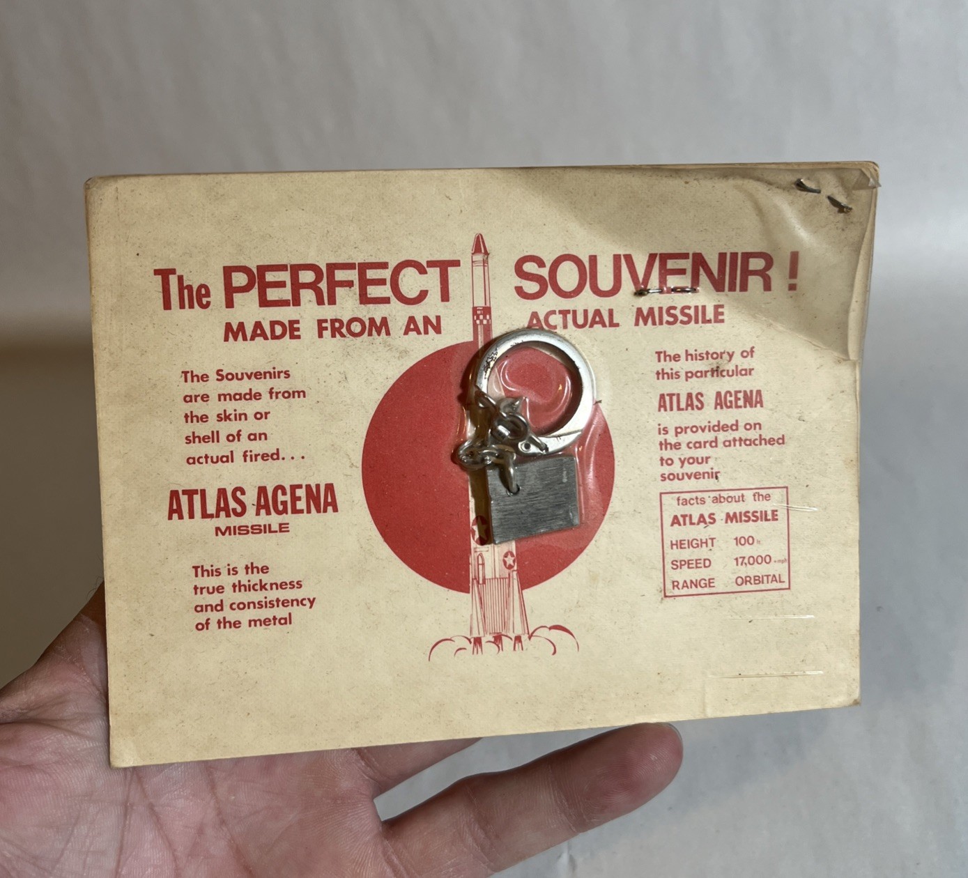 VINTAGE ATLAS AGENA MISSILE KEYCHAIN SOUVENIR ACTUAL FLOWN FRAGMENT ON CARD