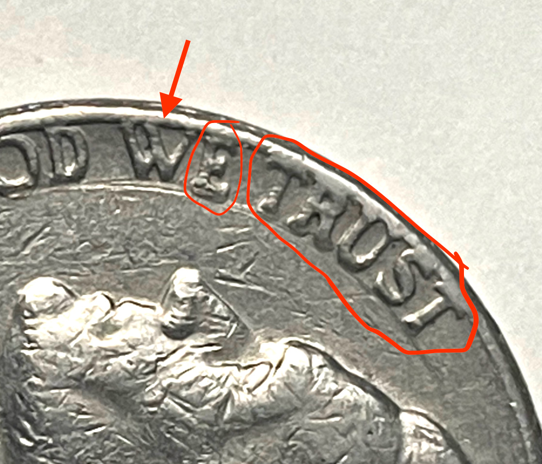 STRONG DIE ERRORS - 1980 D Nickel - Uneven Die, Solid Mint Mark, Letters on Rim