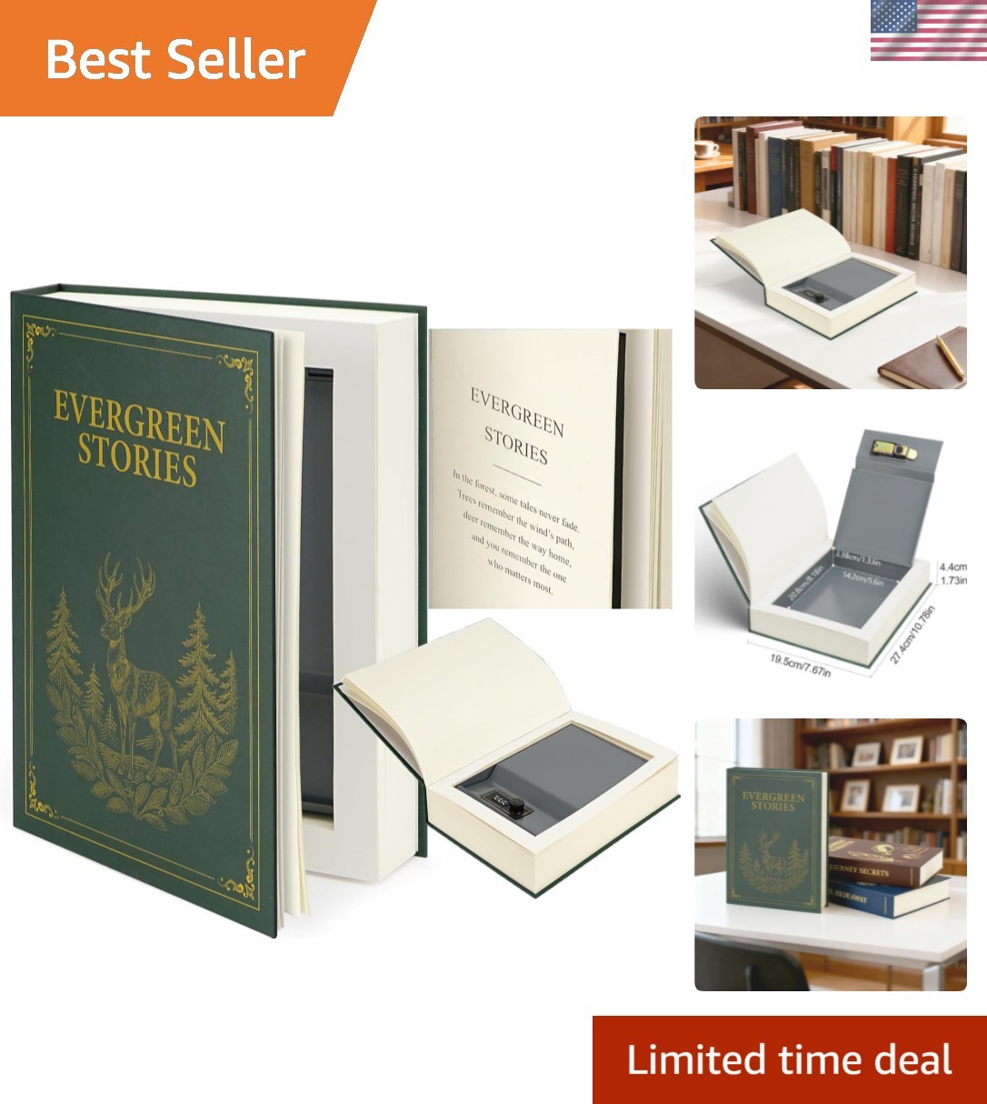 Large Decorative Book Safe with Combination Lock, 10.82"×7.67"×1.77" Hidden S...