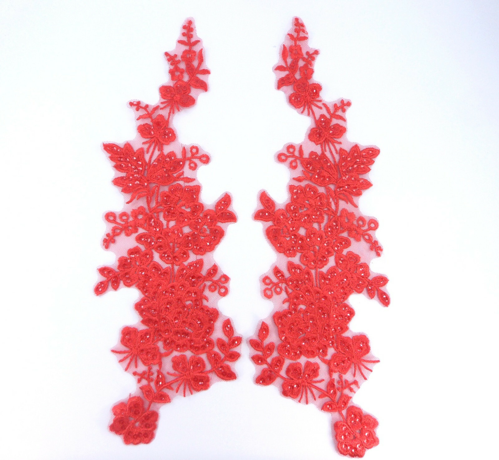 Sequin Applique Embroidered Floral Mirror Pair Red Clothing Patch BL146X