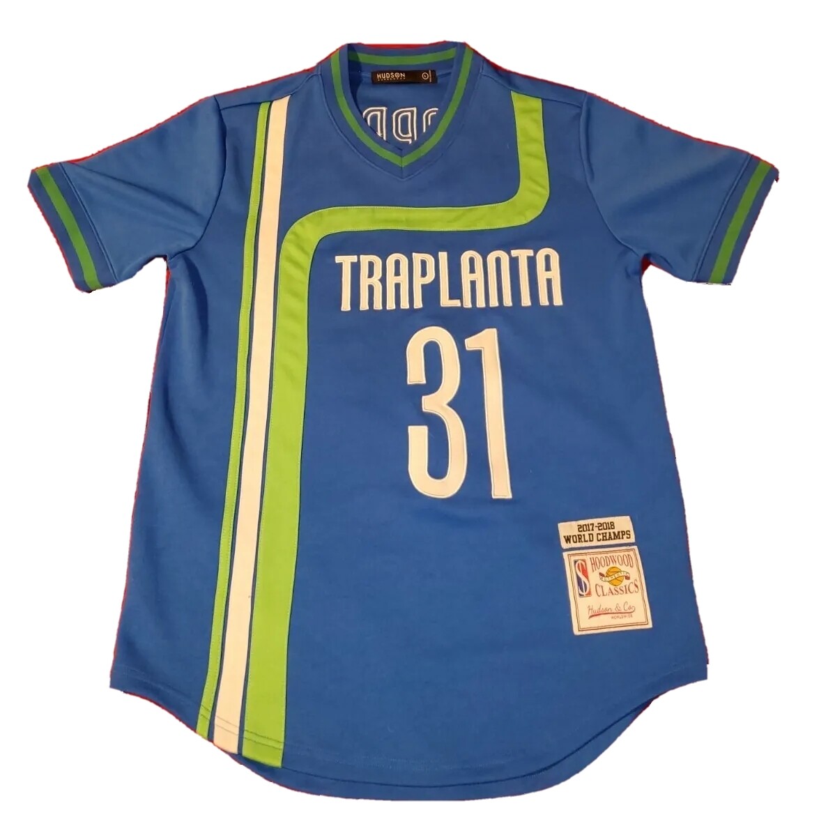 EUC Sz LARGE Traplanta Trapper Jersey Green Blue White Atlanta Hawks Hoodwood