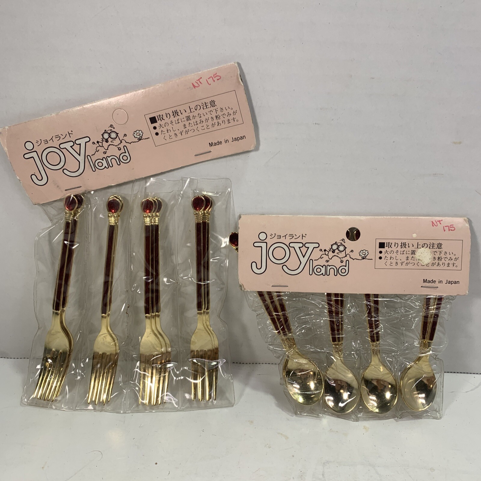 Japanese Dessert Spoons/forks Red Gold Stainless 5” NOS Open Box Made In Japan