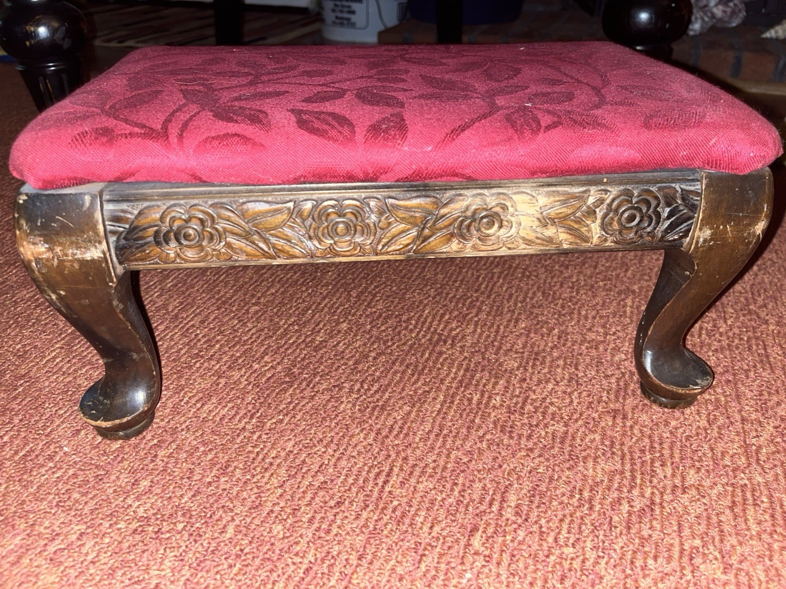 Vintage Red Queen Anne Style Footstool Antique Fabric Covered Handsome!