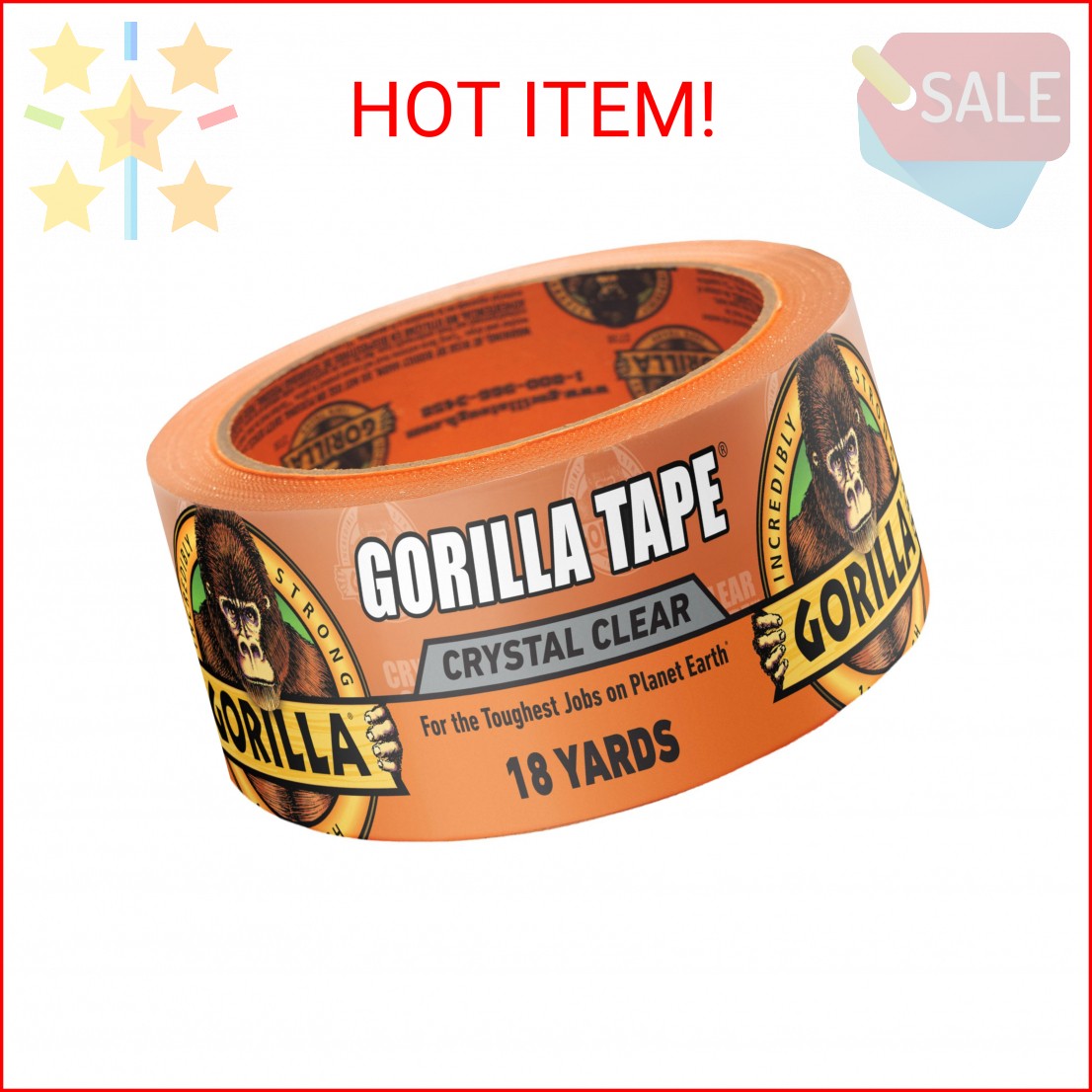 Gorilla Crystal Clear Tape, 1.88” x 18 yd (Pack of 1) - Weather Resistant for In