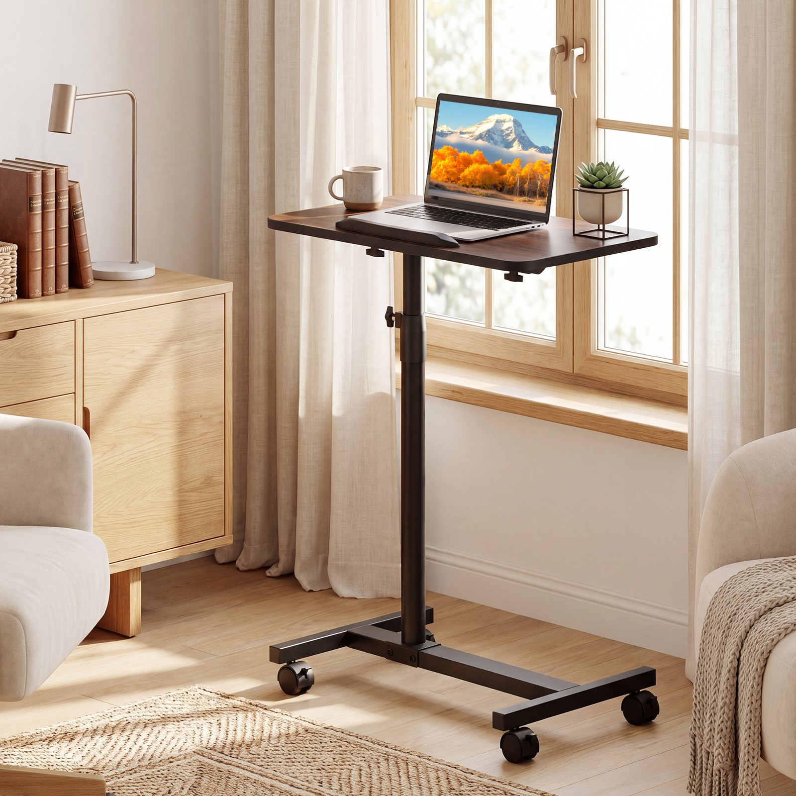 Overbed Table w/Lockable Wheels, Adjustable Height, 360° Swivel for Small Spaces