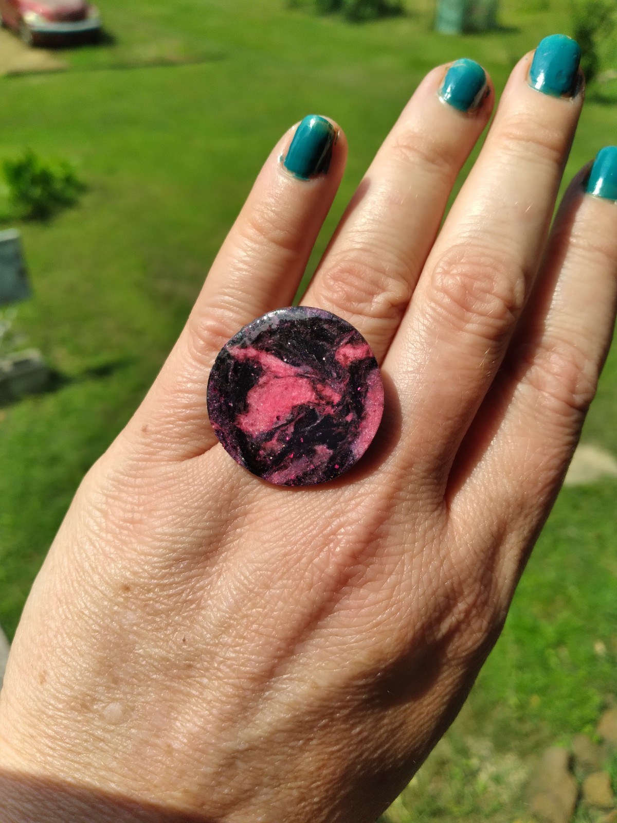 Handcrafted Silver Adjustable Polymer Clay Ring Round Pink Black Marbled